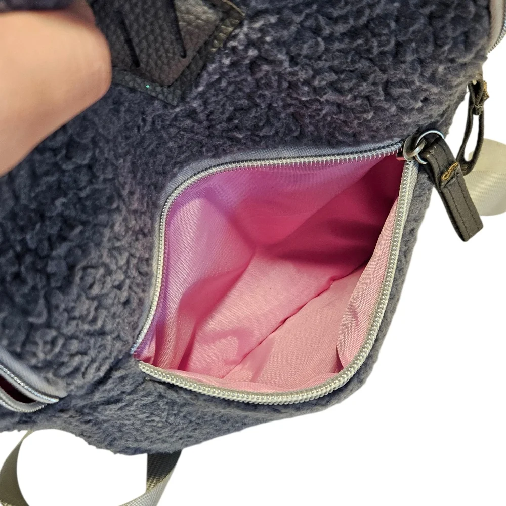 Gray Sherpa Fuzzy Mini Backpack with Pink Lining – Soft Plush Bag